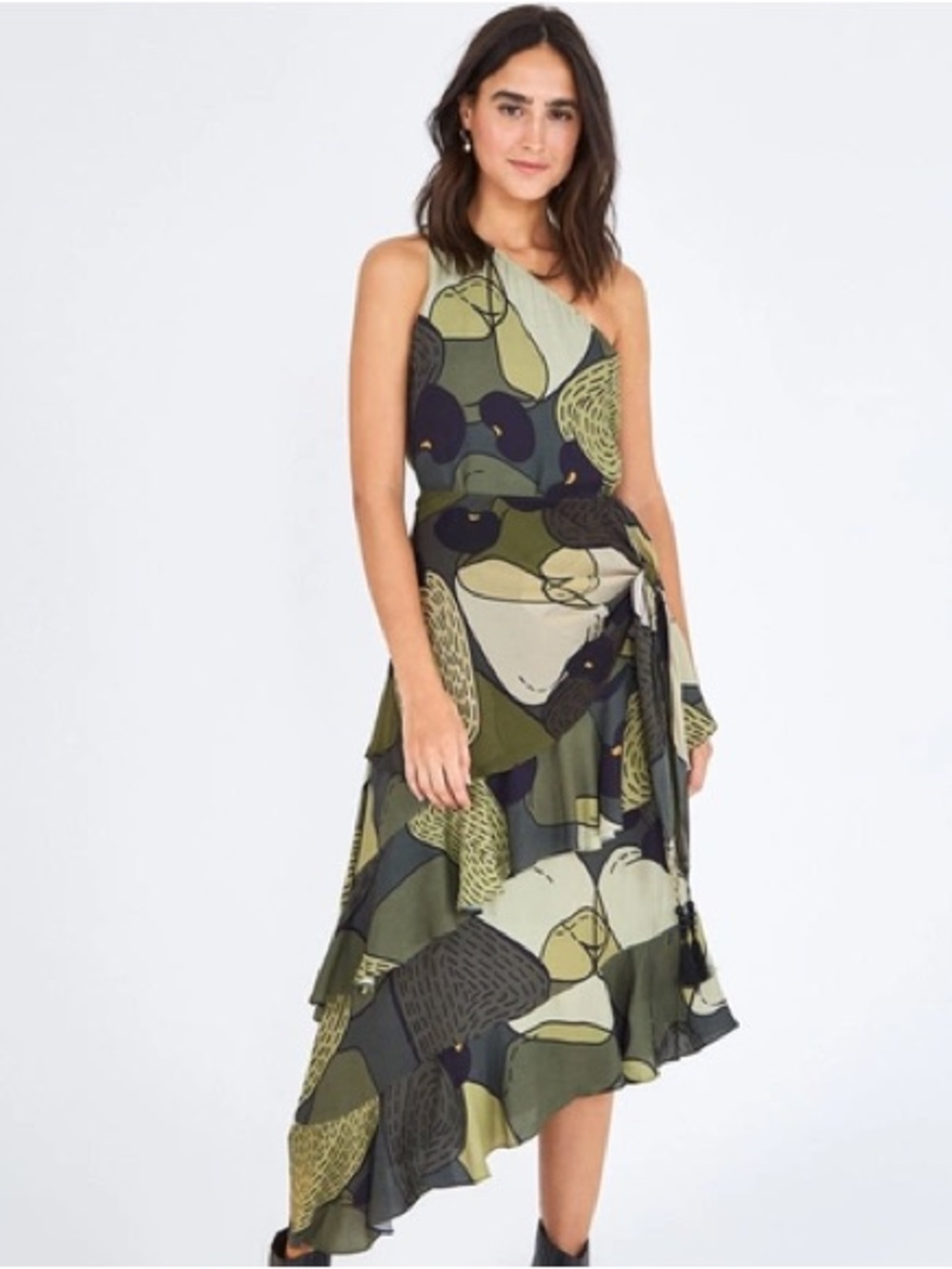 *New* Farm Rio Military Cashew One Shoulder Dress In Green, Size Medium